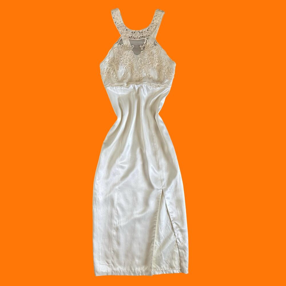90's vintage ivory satin bridal prom formal wedding dress S/M